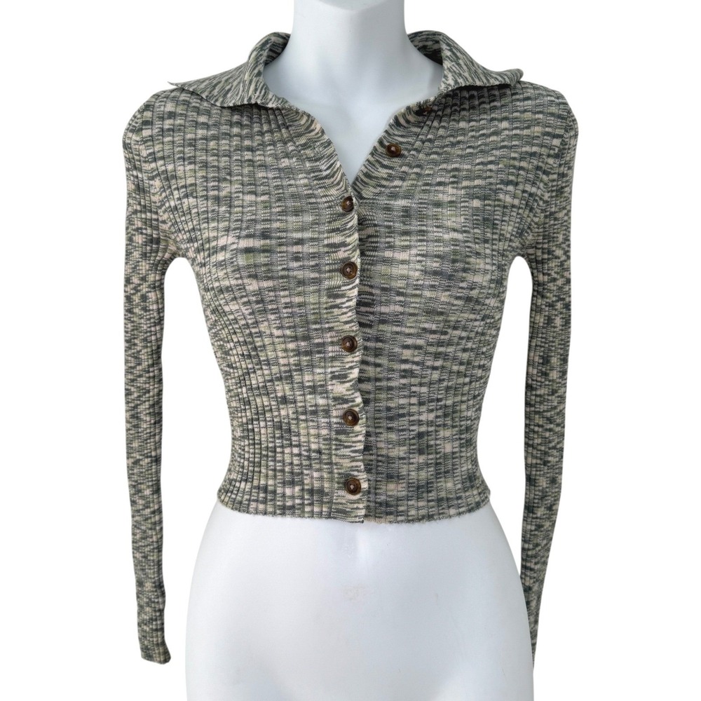 Womens Knit Collared Cropped Ribbed Cardigan Top Small Green Fitted Lightweight‎